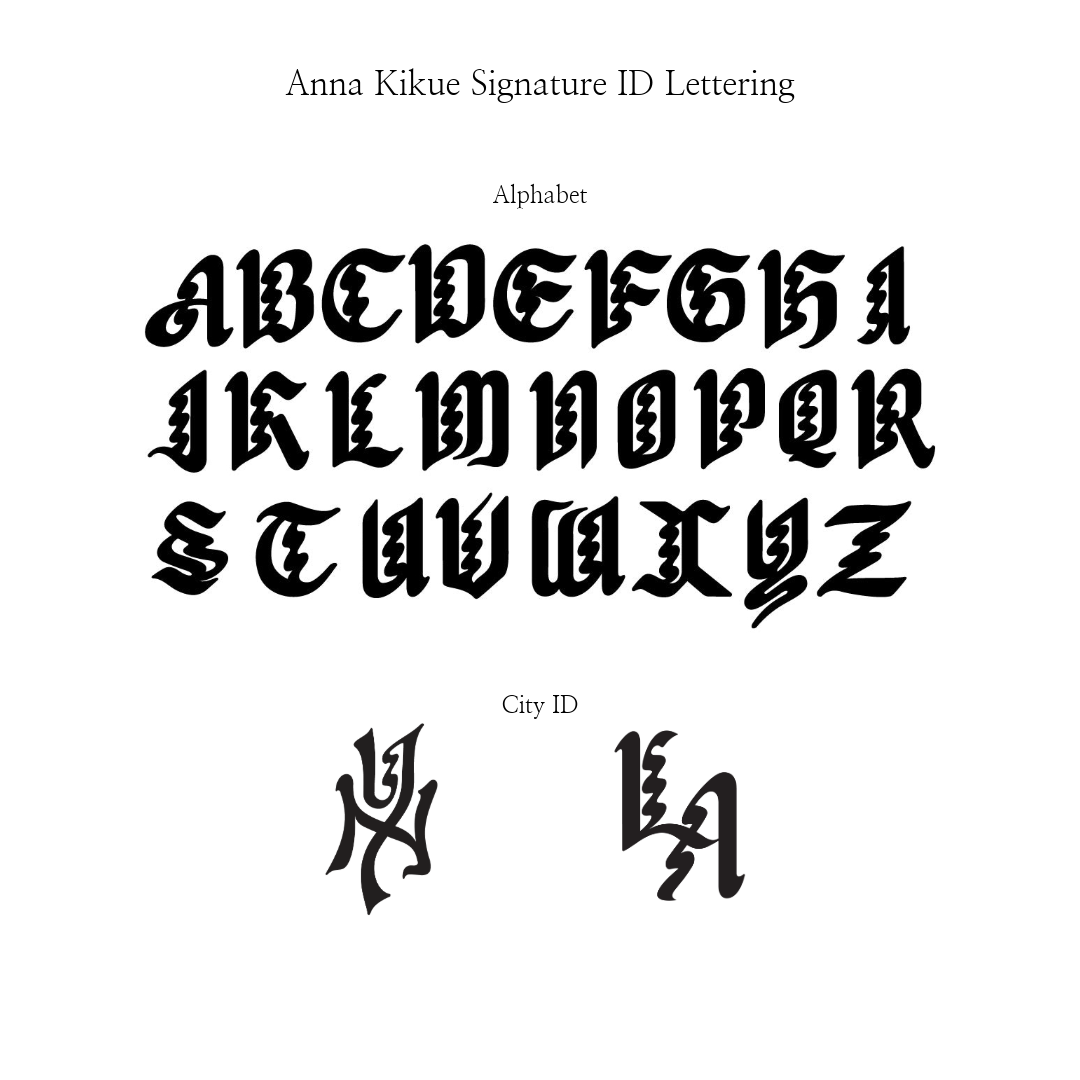Anna Kikue Signature ID Lettering with alphabet and city ID symbols on a white background