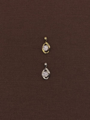 Two gold diamond pendants on a brown fabric background
