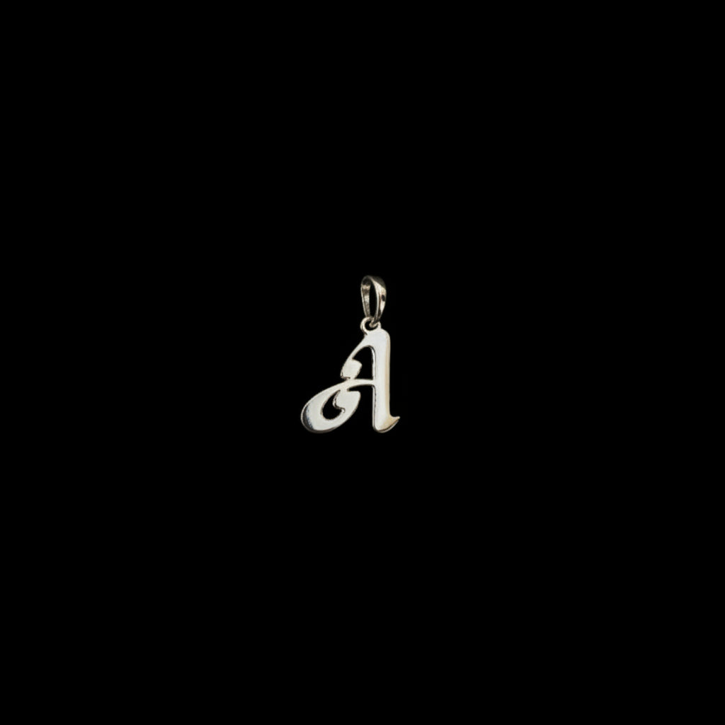 Silver pendant with letter 'A' on a black background